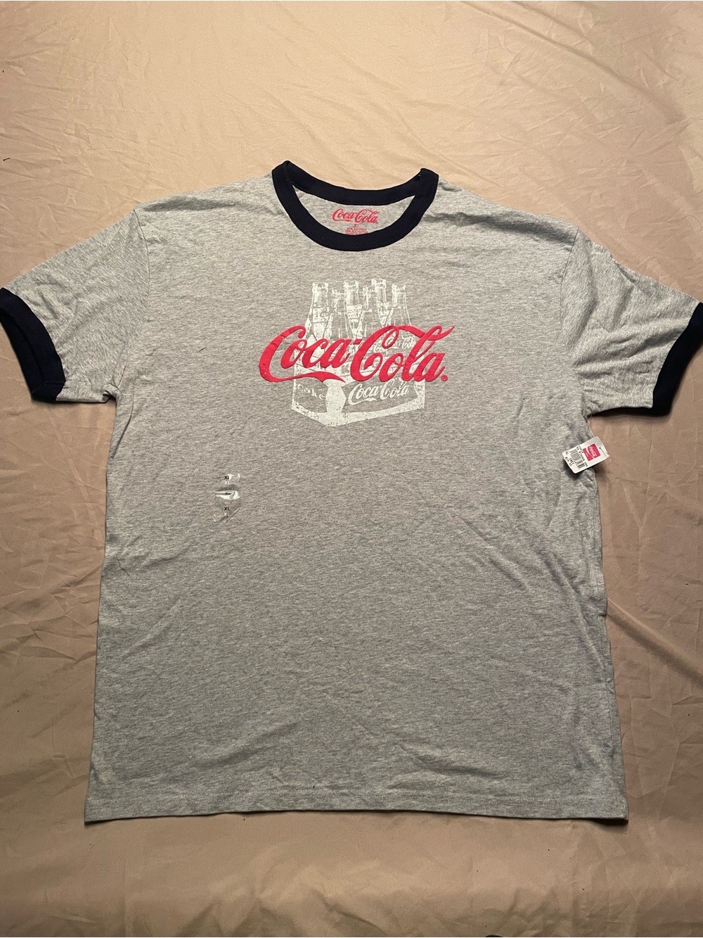 NWT Coca-Cola Gray Ringer Tee with Red Logo and Navy Trim - Classic Look Bottles